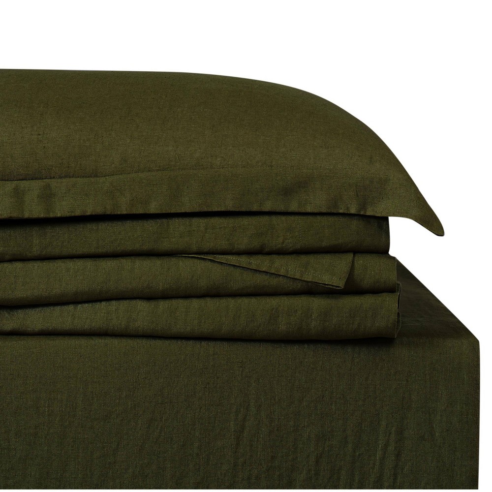 Photos - Bed Linen Queen 300 Thread Count Linen Solid Sheet Set Olive - Brooklyn Loom
