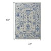 Ivory and Blue Wool Floral Hand Knotted Area Rug With Fringe - 3 of 4