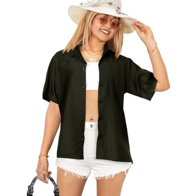 LA LEELA Women's Summer Casual Solid Short Sleeve Blouse Shirt TShirts Button Down Dress Tops Tee Shirts Hawaiian Blouses for Women