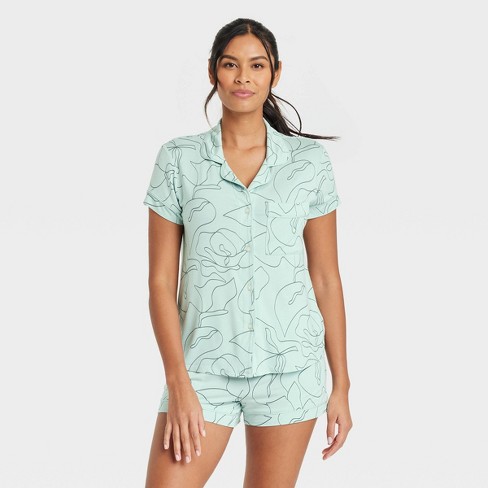 Women's Beautifully Soft Short Sleeve Notch Collar Top and Shorts Pajama  Set - Stars Above™ Green/Floral M