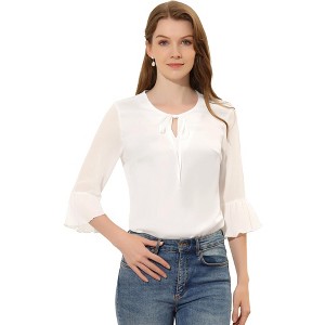 Allegra K Women's Bow Tie Neck Sheer 3/4 Sleeve Chiffon Tops - 1 of 4