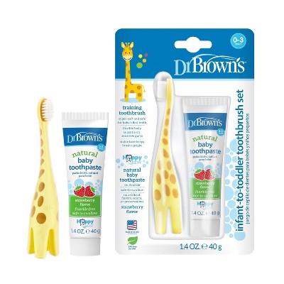 Dr. Brown's Infant-to-Toddler Training Toothbrush Set & Fluoride-Free Natural Baby Toothpaste, Strawberry - Giraffe - 1.4oz - 0-3 years