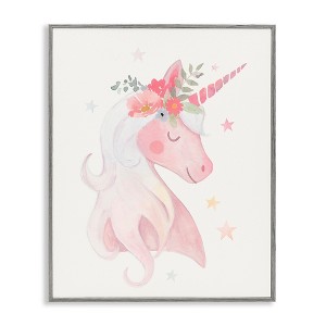 Stupell Industries Pastel Smiling Unicorn Pink Flower Blossom Crown Framed Giclee Art, Gray, 11" x 14" - 1 of 4