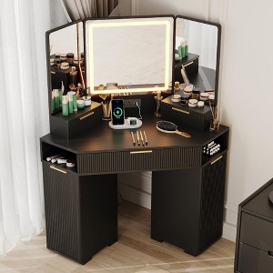 Corner Vanity Desk with Lighted Mirror, Fluted Makeup Table with Drawers & Cabinets, Modern Corner Dressing Table for Bedroom - 1 of 4