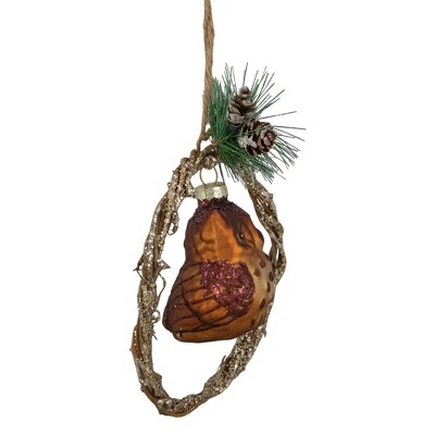 5.25" Brown Glass Owl Ornament with Twig Wreath