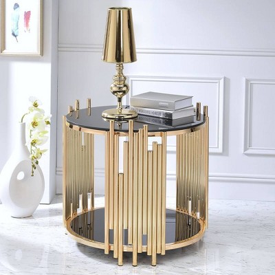 Tanquin 25" Round Black Glass & Gold Metal End Table