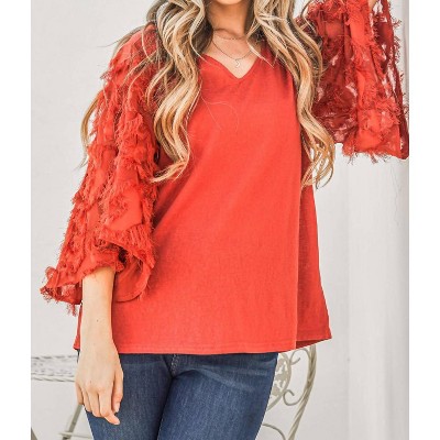 Women's Feather Detailed 3/4 Sleeve Slub Top - And The Why