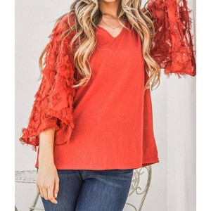 Women's Feather Detailed 3/4 Sleeve Slub Top - And The Why - 1 of 2
