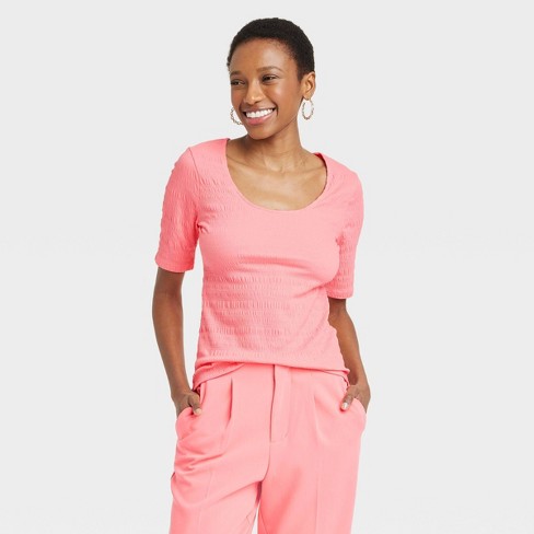 Women's Elbow Sleeve Scoop Neck T-shirt - A New Day™ Pink L : Target