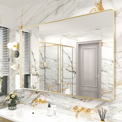 Apmir 55 in. W x 36 in. H Rectangular Aluminum Alloy Framed and Tempered Glass Wall Mirror in Brushed Gold