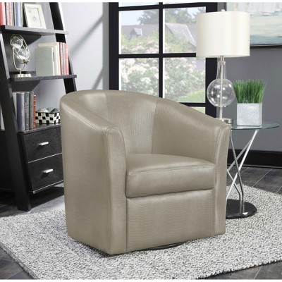 Leatherette and Wood Swivel Armchair with Barrel Back and Sloping Arms for Living Room
