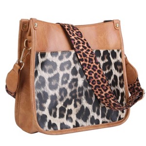 Laromni"Women's Leather Crossbody Shoulder Bag – Casual Handbag with Adjustable Wide Guitar Strap"BrownLeopard&Orange - 1 of 4