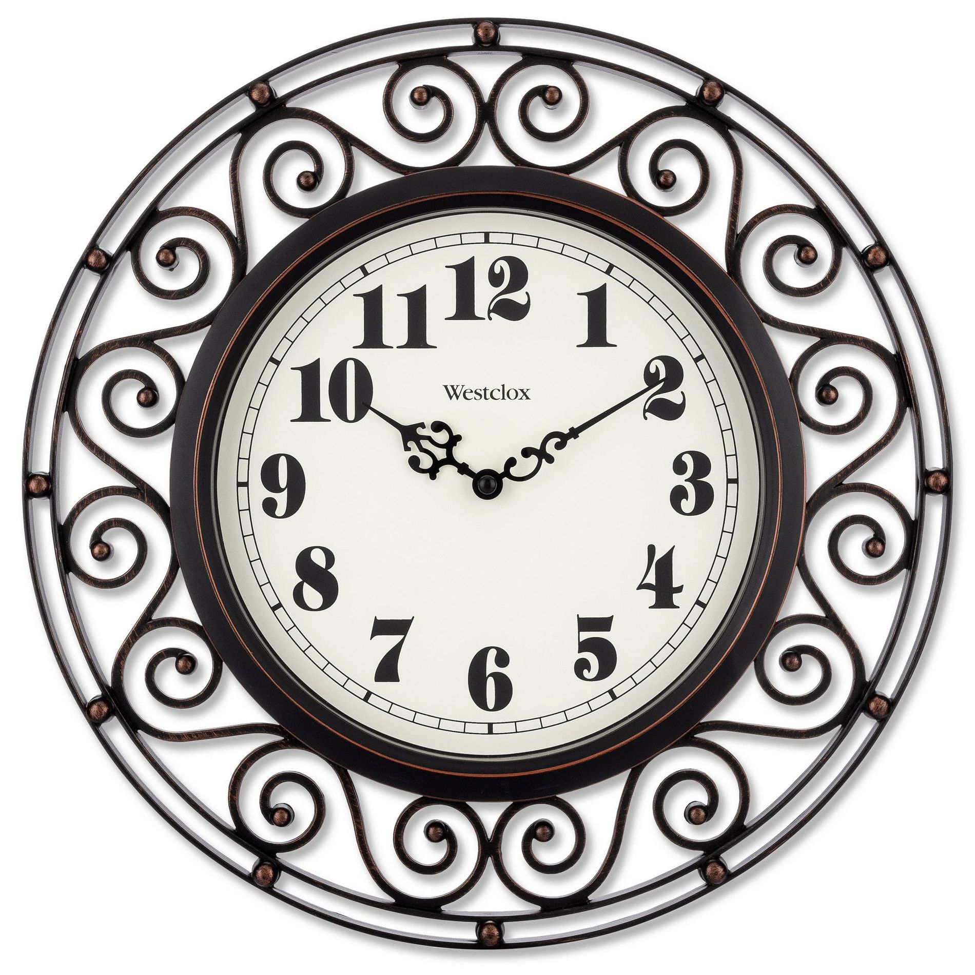 12" Wrought Iron Style Round Wall Clock Black/Bronze-Westclox: Vintage Design, Quartz Movement, Indoor Use