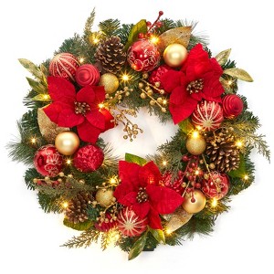 Christmas Wreath, Xmas Wreath for Front Door with Gold Bowknot, Artificial Pre-Decorated Holiday Accent with Ball Ornaments,Pine Cones - 1 of 4