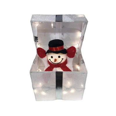 Season's Designs 12" Animated Snowman Coming Out of Christmas Gift Box with 20 LED Warm White Lights Metal Decoration for Indoor/Outdoor Use, Perfect