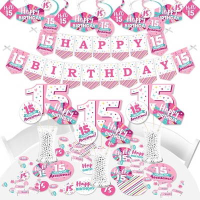 Big Dot of Happiness Girl 15th Birthday - Teen Birthday Party Supplies - Banner Decoration Kit - Fundle Bundle