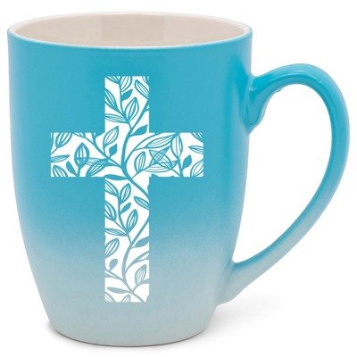 Elanze Designs Cross Leaf Two Toned Ombre Matte Teal and White 12 ounce Ceramic Stoneware Coffee Cup Mug