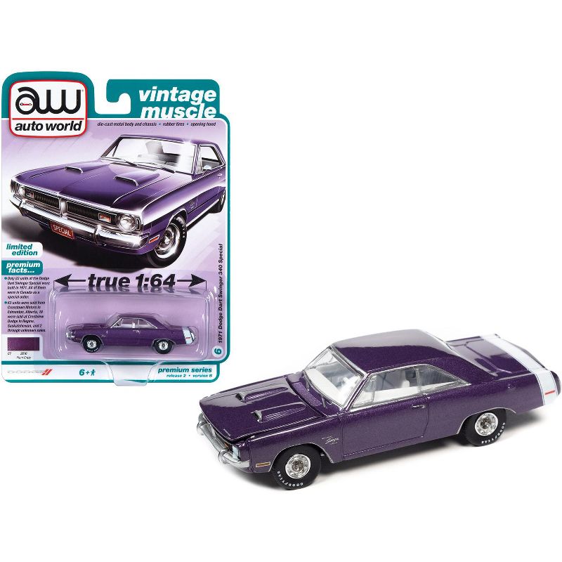 1971 Dodge Dart Swinger 340 Special Plum Crazy Purple Metallic w/White Tail Stripe Ltd Ed 1/64 Diecast Model Car by Auto World, 1 of 4