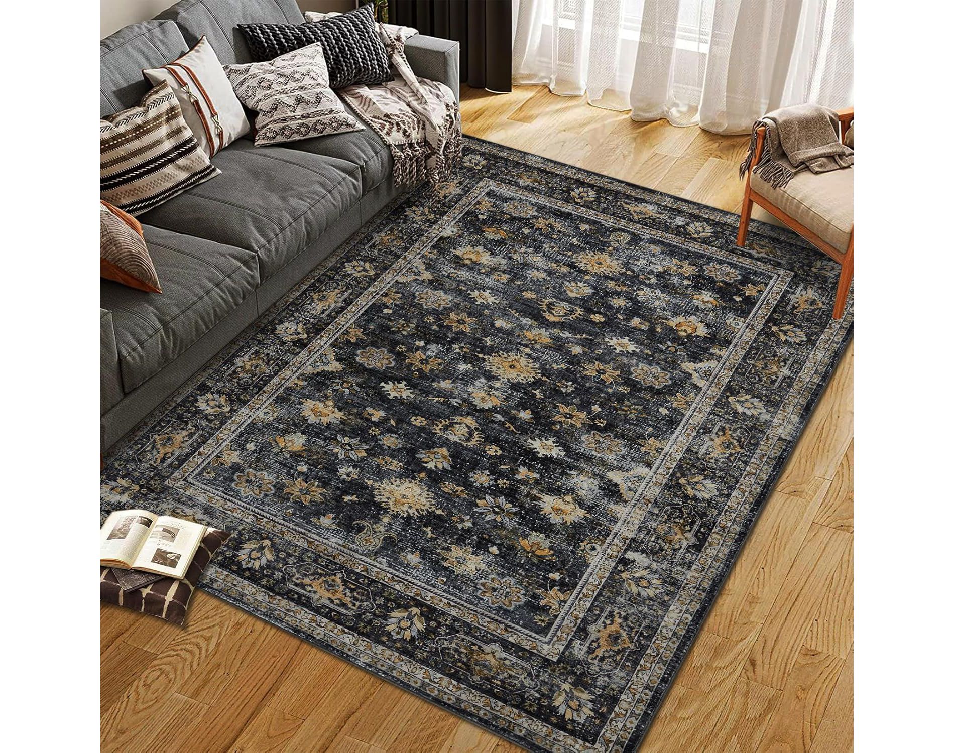 Area Rug 5x7 Washable Rug Vintage Traditional Mat Distressed Foldable Retro Accent Floral Non Slip Carpet Living Room Dining Room Office, Black