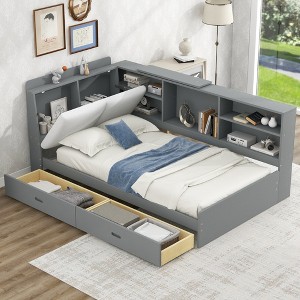 ALEXOUN Twin Size Bed Frame with Upholstered Storage Headboard,Wood Daybed with Bookshelf,Rotatable Table Board for Girls Teens - 1 of 4