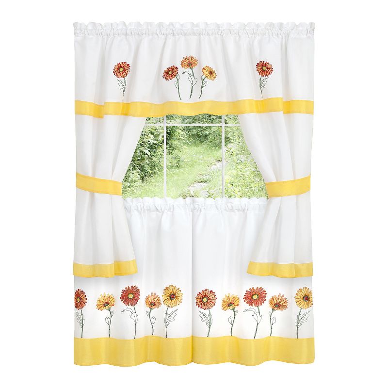Kate Aurora Montauk Accents Embroidered Sunflowers & Daisies Complete 5 Piece Cottage Kitchen Curtain Tier & Valance Set, 3 of 4