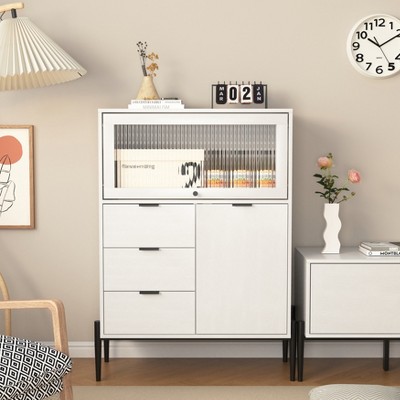 Sideboard with 3 Drawers, 1 Door & 1 Glass Door, Wood Storage Cabinet for Kitchen, Dining Room & Hallway, 33.46" x 15.74" x 47.2"