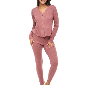 ADR Women's Pajamas Set, Soft Ribbed Knit Waffle Pajamas Lounge Set, Long Sleeve Drop Shoulder V-neck Top and Leggings PJ Pants - 1 of 4