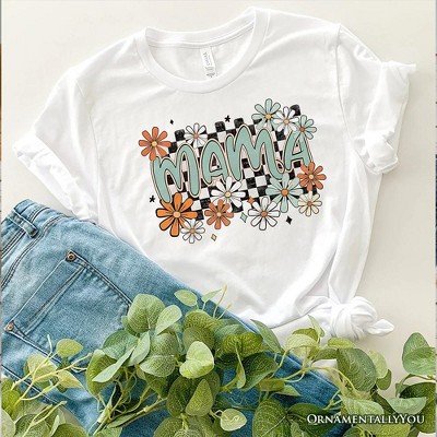 Floral Mama Checkered T-Shirt, White, Natural and Black Retro Tee for Stylish Mothers| OrnamentallyYou