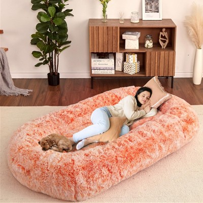 Human-Sized Dog Bed for Adults – 71" x 43.3" x 10" Large Washable Faux Fur Bed with Storage Pockets & Anti-Slip Bottom for Pets and Kids, Blue