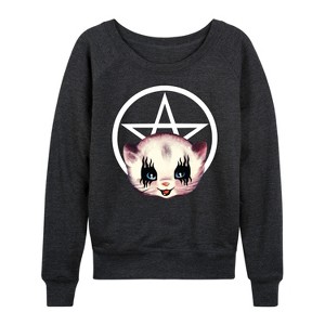 Women's - Instant Message - Goth Kitten Lightweight French Terry Wide Neck Long Sleeve Graphic Shirt - 1 of 4