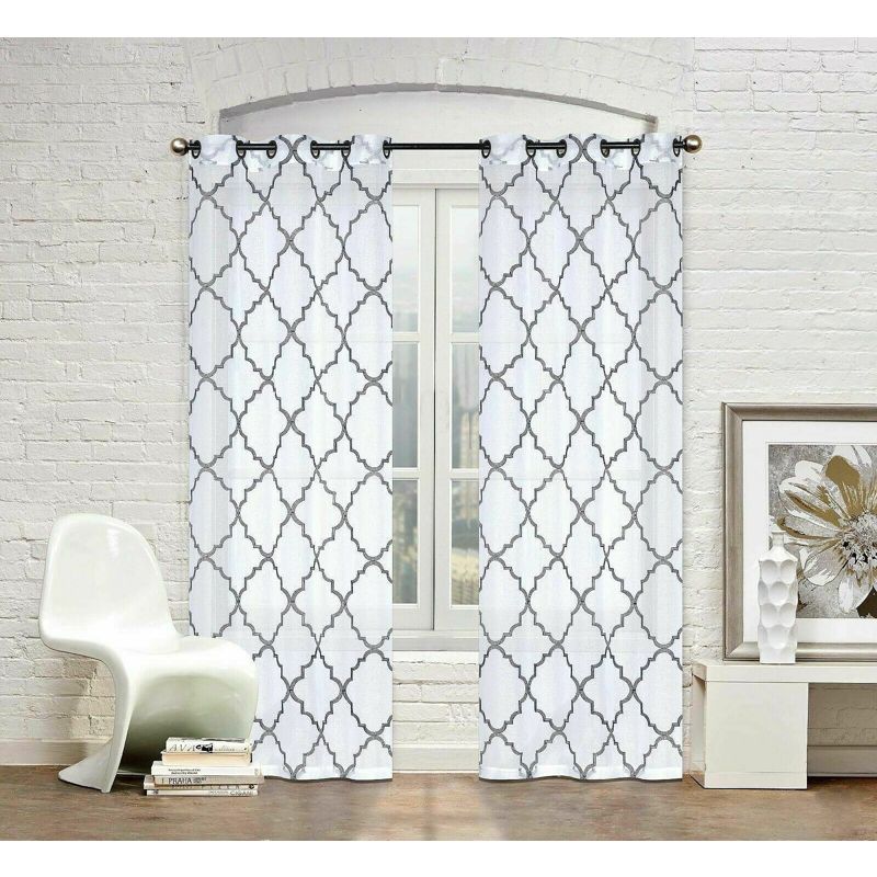 Kate Aurora Lux Home 2 Pack Shabby Trellis Semi Sheer Embroidered Clover Grommet Top Curtains, 2 of 7