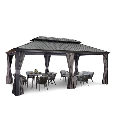 PURPLE LEAF Outdoor Gazebo Aluminum Frame Galvanized Steel Double Roof Patio Hardtop Gazebo with Curtains and Netting for Patio Lawn and Garden, Grey
