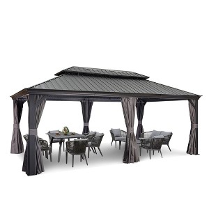 PURPLE LEAF Outdoor Gazebo Aluminum Frame Galvanized Steel Double Roof Patio Hardtop Gazebo with Curtains and Netting for Patio Lawn and Garden, Grey - 1 of 4