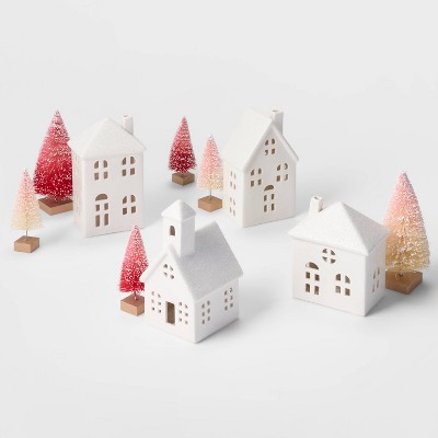 White Ceramic Houses with Blush Trees Kit - Wondershop™