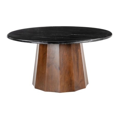 HomeRoots 35" Black and Walnut Genuine Marble and Solid Wood Round Pedestal Coffee Table