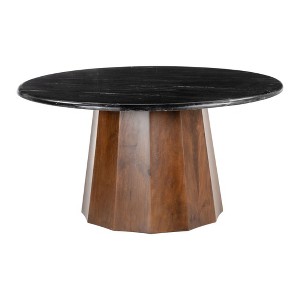 HomeRoots 35" Black and Walnut Genuine Marble and Solid Wood Round Pedestal Coffee Table - 1 of 4