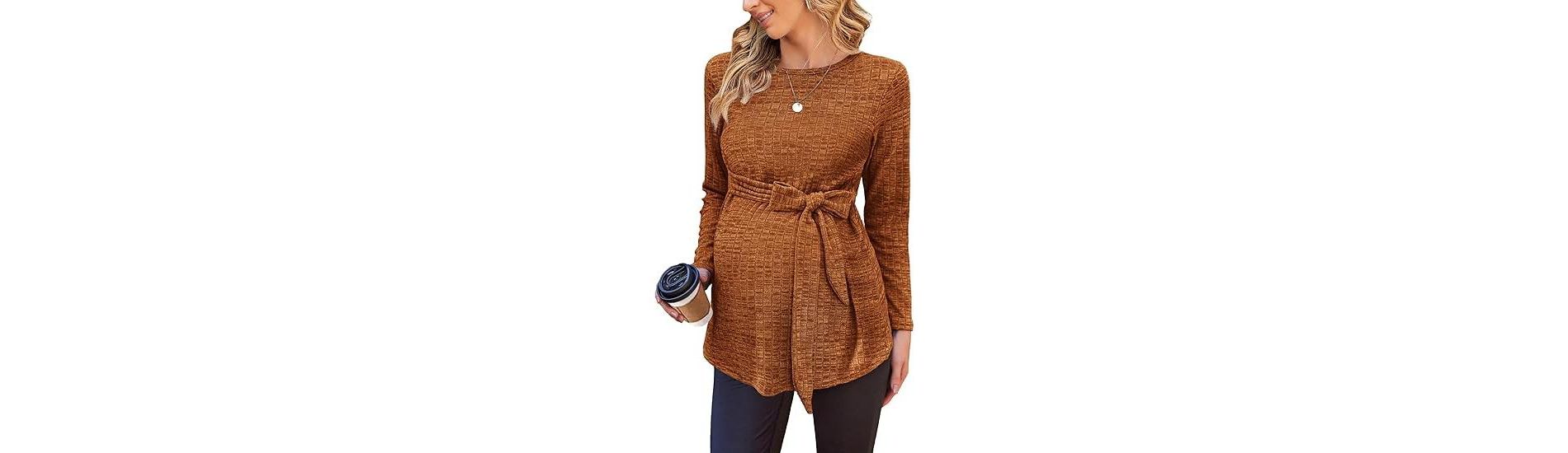 Ekouaer Women's Maternity Shirts Long Sleeve Pregnancy Tops Casual Ribbed Knit Winter Pregnant Blouses