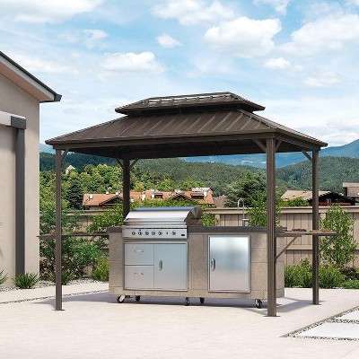 PURPLE LEAF Patio Hardtop Brown Grill Gazebo Metal Roof with 2 Side Shelves Deck Yard Tent Aluminum Garden Outside Sun Shade Outdoor BBQ Canopy