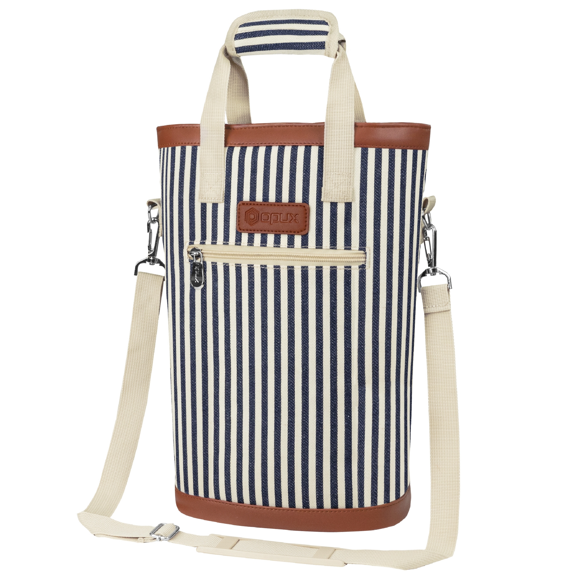 OPUX Two Bottle Wine Bag Carrier Tote, Insulated Leakproof Cooler Travel BYOB Picnic, Gifts Men Women Birthday Christmas (Navy Stripes, One Size)
