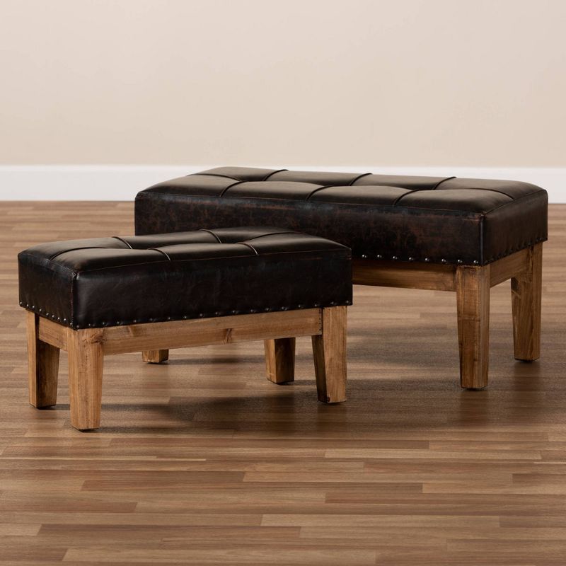 2pc Lenza Faux Leather Wood Ottoman Set Brown - Baxton Studio, 6 of 10