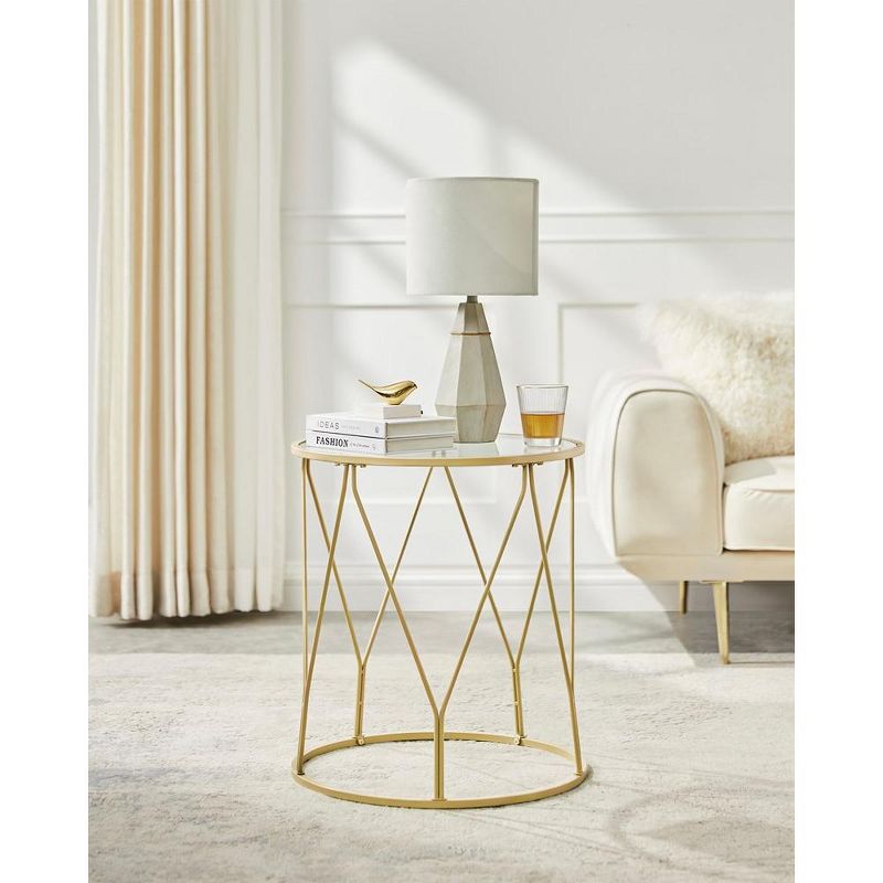Side Table, Round End Table with Tempered Glass Top, Accent Table with Steel Frame, Modern Glam Style, Greenish Gold, 2 of 12