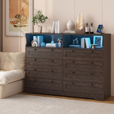 Dresser for Bedroom Deep Drawers, 55 Inch Tall Wooden Bedroom Dressers with Power Outlet and Led Lights