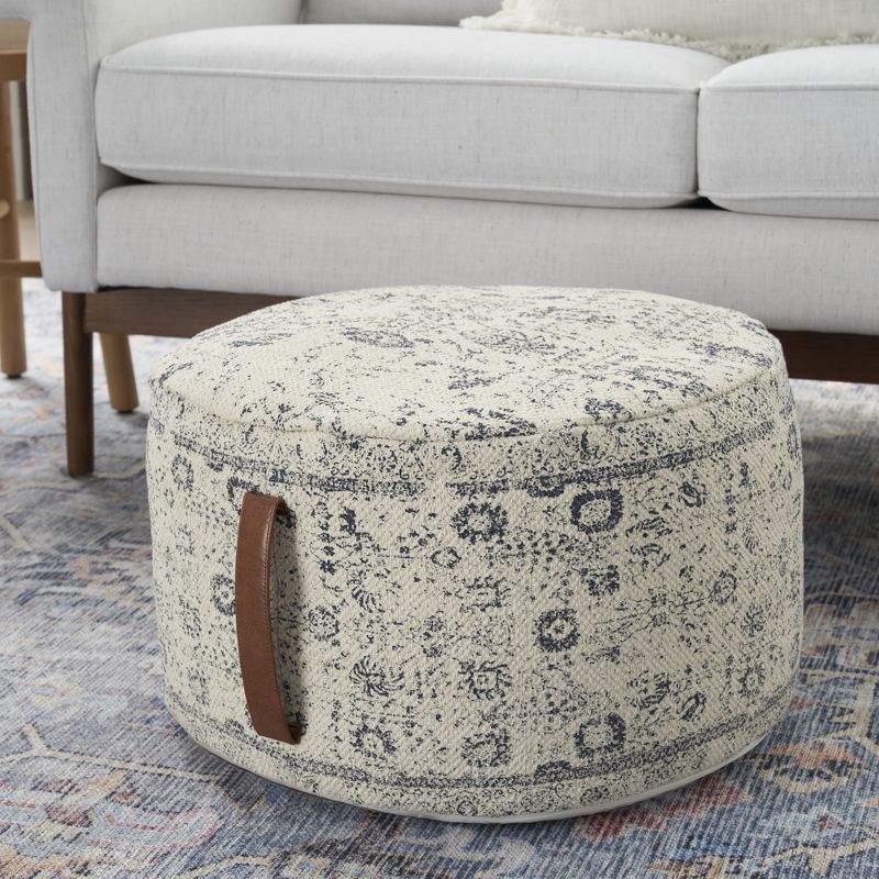 Nicole Curtis Handcrafted Vintage Floral 20" x 20" x 12" Indoor Drum Pouf with Handle, 2 of 9
