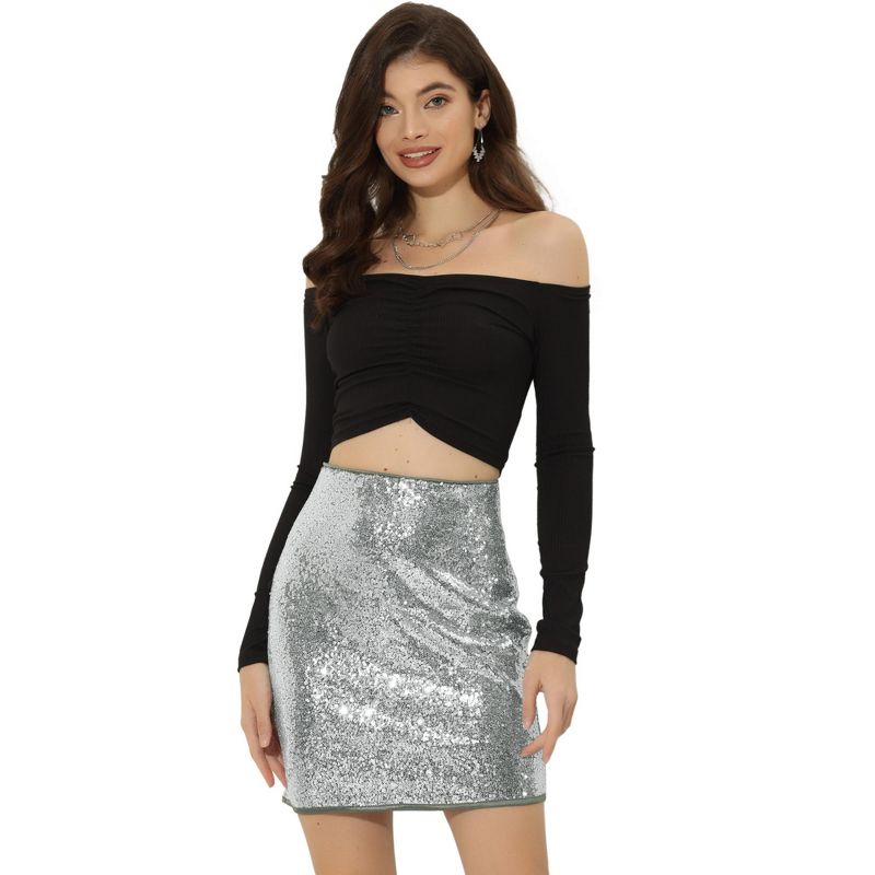 Allegra K Women's Sequin Sparkle Stretchy Full Lining Party Mini Bodycon Skirt, 1 of 7