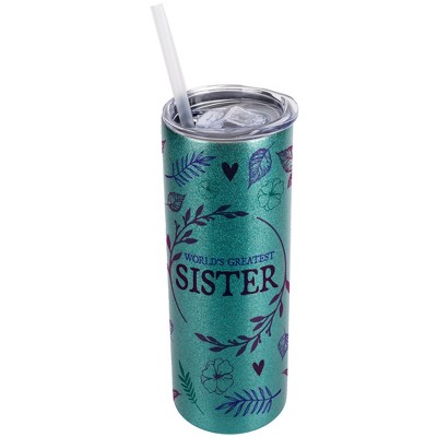 Elanze Designs Floral Turquoise Blue 20 Ounce Double Wall Stainless Steel Glitter Travel Tumbler With Sliding Lid And Straw, World's Greatest Sister