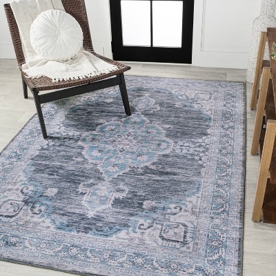 Gray and Blue Chenille Medallion Machine-Washable Area Rug