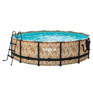 Funsicle 14' x 42" Oasis Designer Round Frame Outdoor Above Ground Swimming Pool Set with SkimmerPlus Filter Pump and Pool Cover, Oak Herringbone - 1 of 4