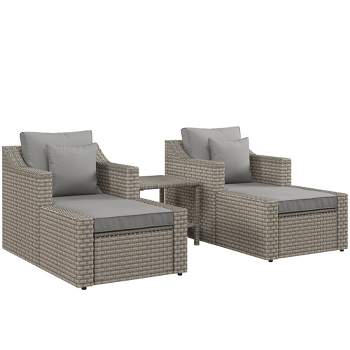 Outsunny 5 Piece Patio Furniture Set, All Weather PE Rattan Conversation Chair & Ottoman Set w/ Table, Cushions & Pillows Included