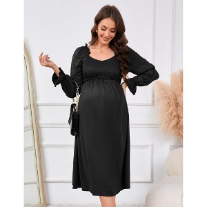 Women's Maternity Dress Long Sleeve V Neck Smocked Chest Midi Dress Photoshoot Baby Shower - 1 of 4