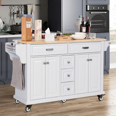 Wood Top Kitchen Island Cart with Wheels, 4 Doors & 5 Drawers, Rolling Storage Cabinet for Kitchen or Dining-The Pop Home